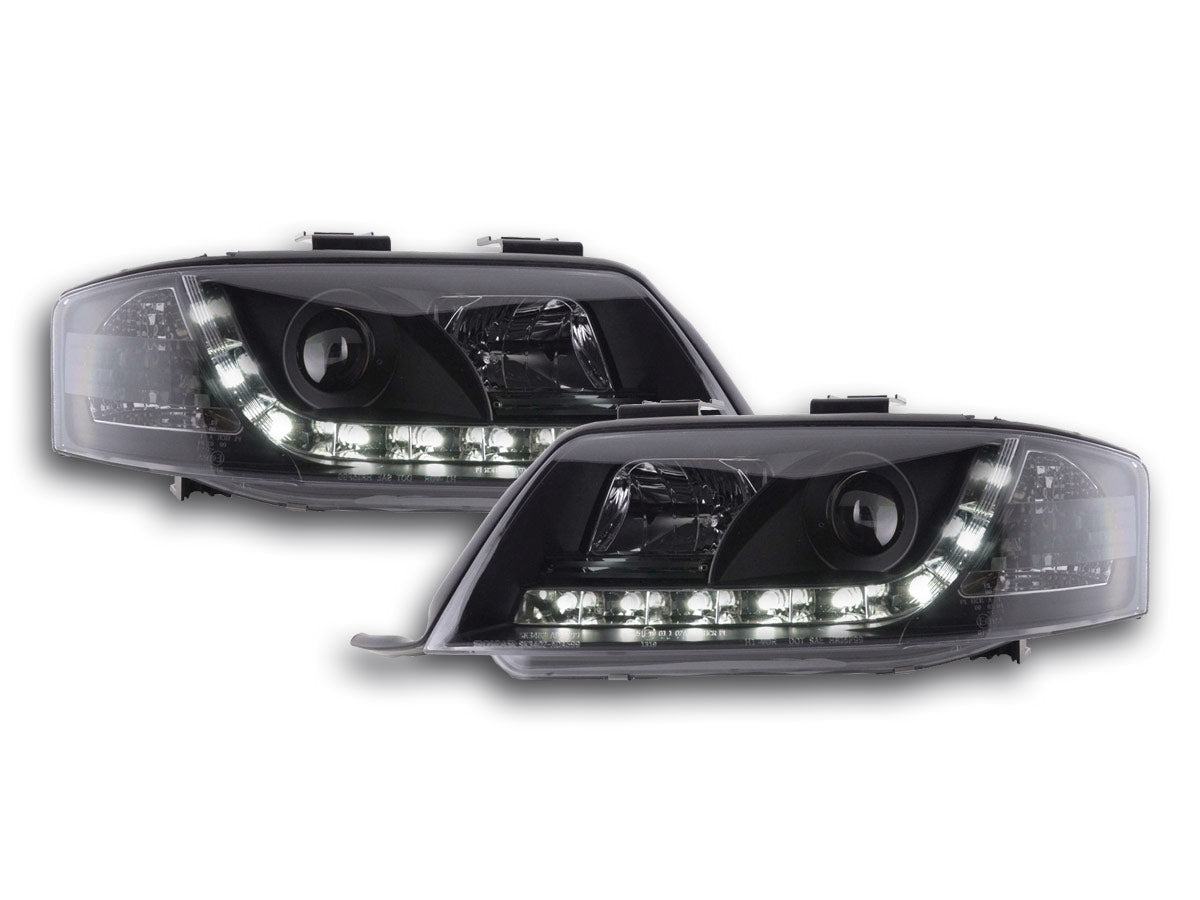 Scheinwerfer Set Daylight LED Tagfahrlicht Audi A6 4B 97-00 schwarz Scheinwerfer Set Daylight LED Tagfahrlicht Audi A6 4B 97-00 schwarz